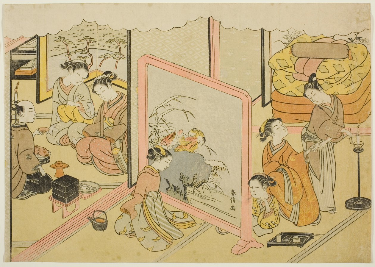 Yatmadan Önce Bir Fincan Sake (Toko sakazuki), "Brocade Baskılarda Evlilik, Erdemli Kadının Arabası (Konrei nishiki misao-guruma)" serisinin altıncı sayfası by Suzuki Harunobu