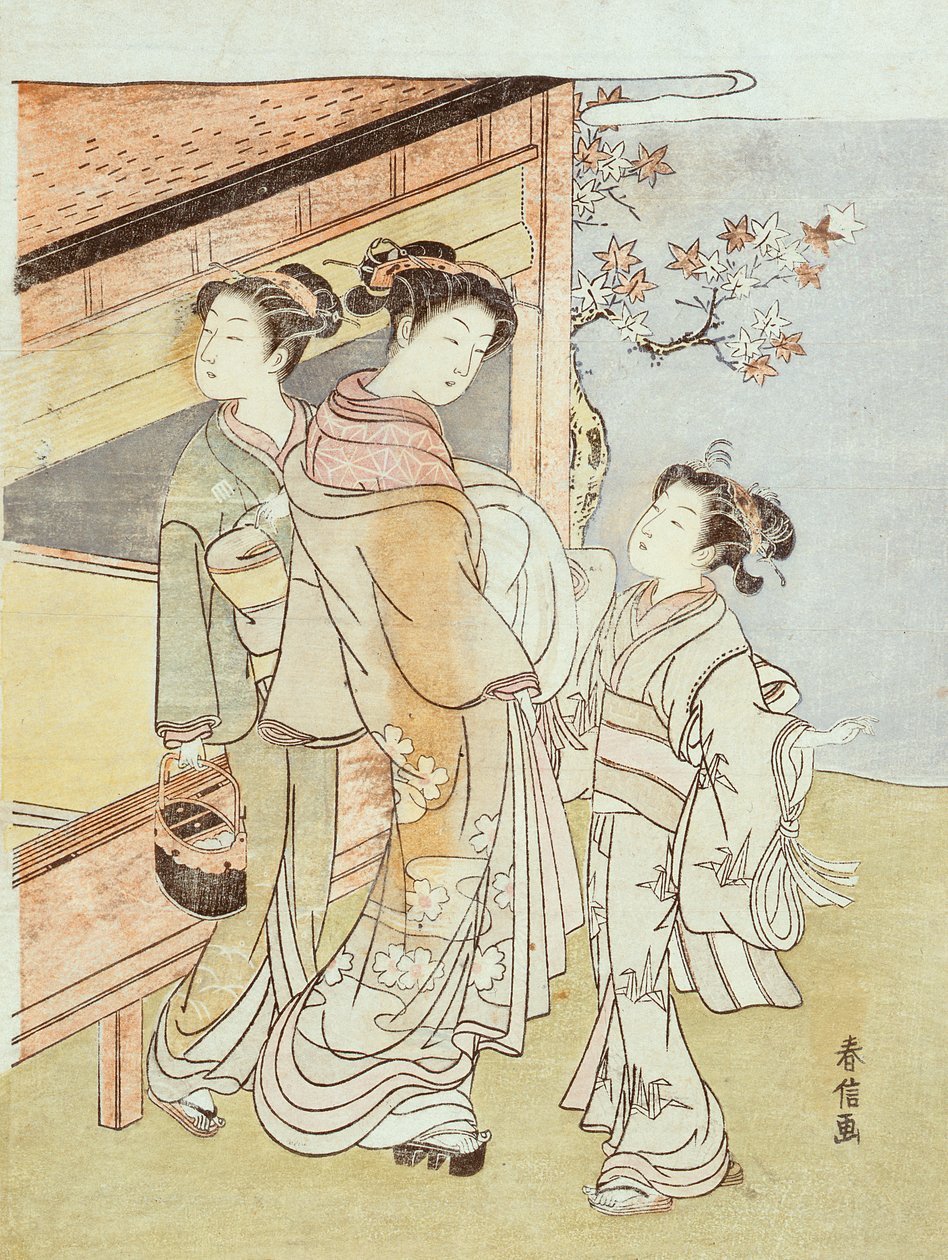 Bir Hanımefendi ve Görevlisi Bir Haberciyle Tanışıyor (tahta baskı) by Suzuki Harunobu