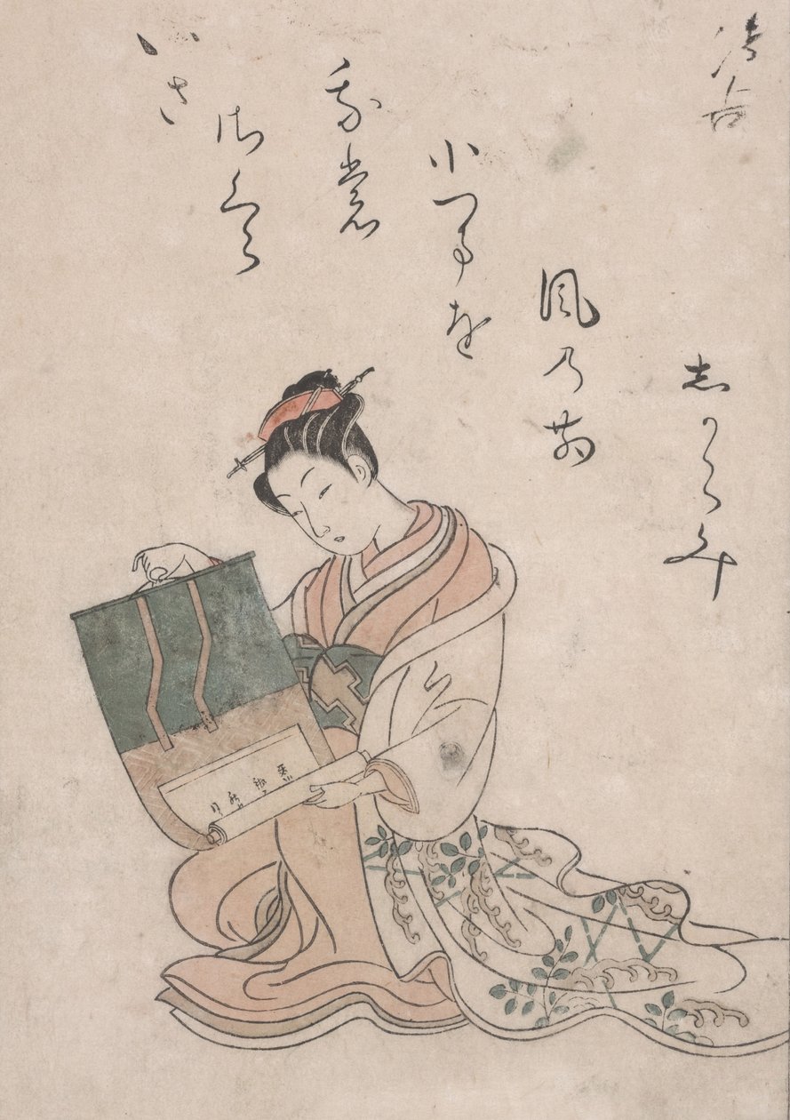 Beauty Unrolling Scroll, c.1770 (Japon kağıdına renkli gravür) by Suzuki Harunobu