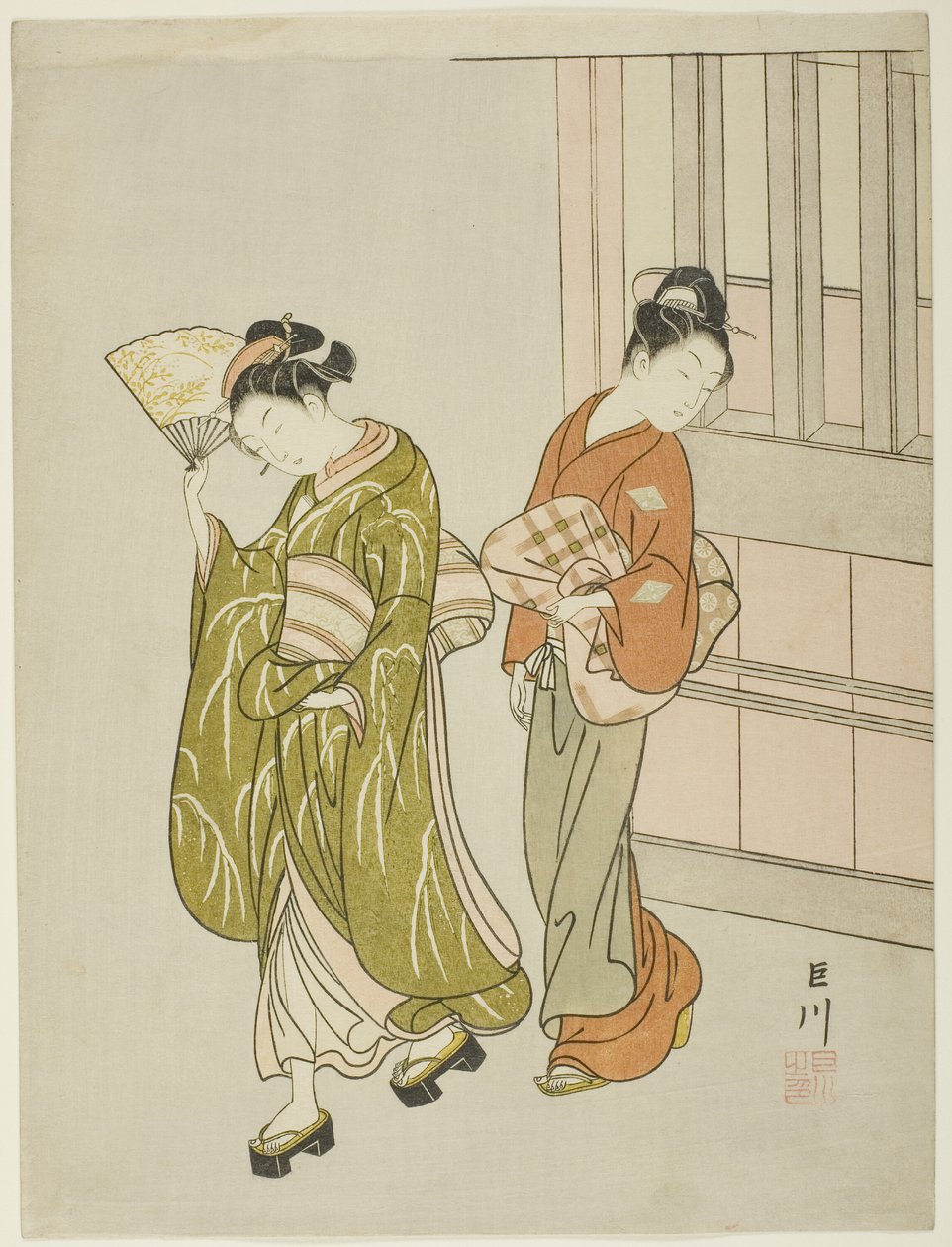 Bir Vantilatörden Esintiyi Temizlemek (Ogi no seiran), "Salondan Sekiz Görünüm (Zashiki hakkei)" serisinden by Suzuki Harunobu