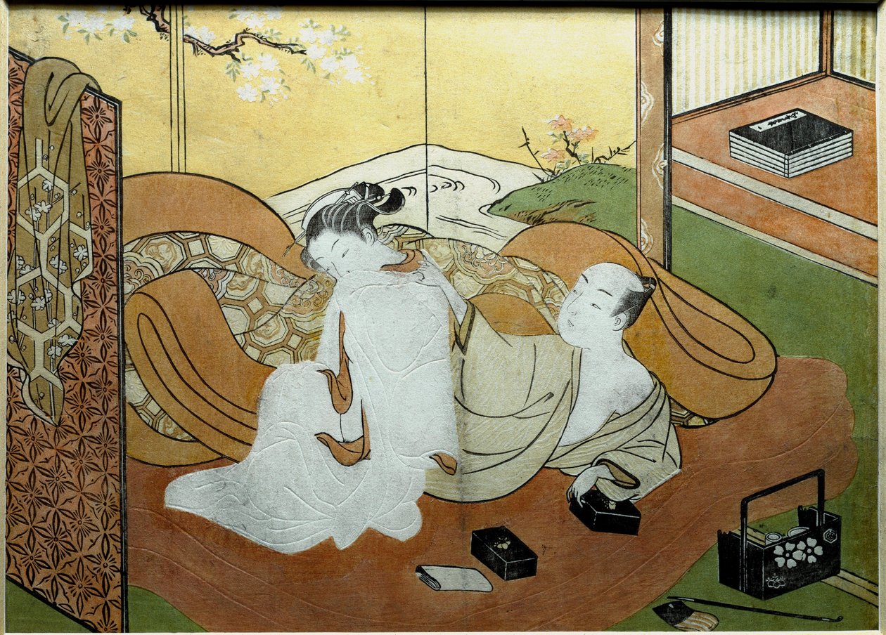 Ekranlı bir iç mekanda yatan aşıklar, kaligrafi kutusu Nishiki-e baskı (Nishiki e) Suzuki Harunobu (1725-1770 civarı) 1765 yakl. Güneş. 20,6x27,8 cm Özel koleksiyon by Suzuki Harunobu