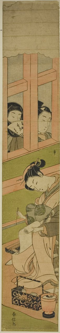 İki Adam Pencere Kafesinden İzlerken Bir Mektup Yazan Nezaket by Suzuki Harunobu