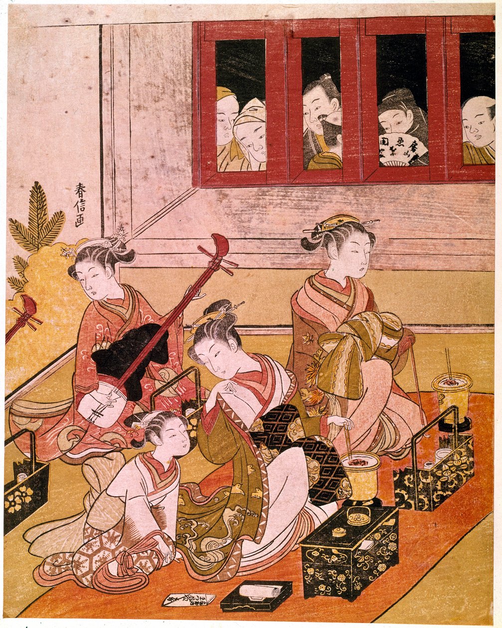 Voyeurların gözlerine maruz kalan müzik çalan cariyeler, Haronobu Suzuki (1725-1770) tarafından Japon baskısı. 1769 yakl. karartmak 0,27x0,21 m. Paris, Guimet Müzesi, Ulusal Asya Sanatları Müzesi by Suzuki Harunobu