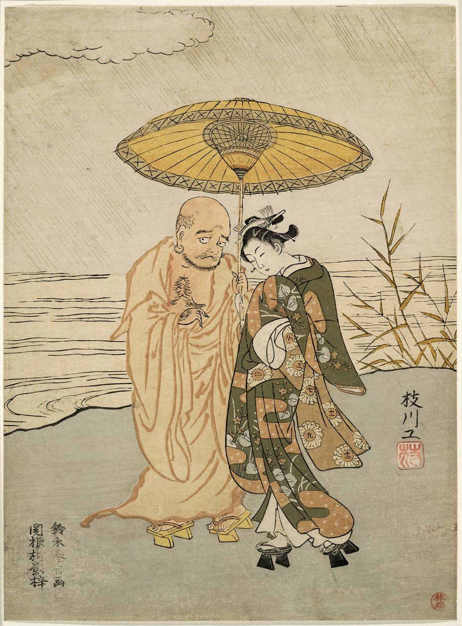 Daruma ve yağmurda genç bir kadın by Suzuki Harunobu