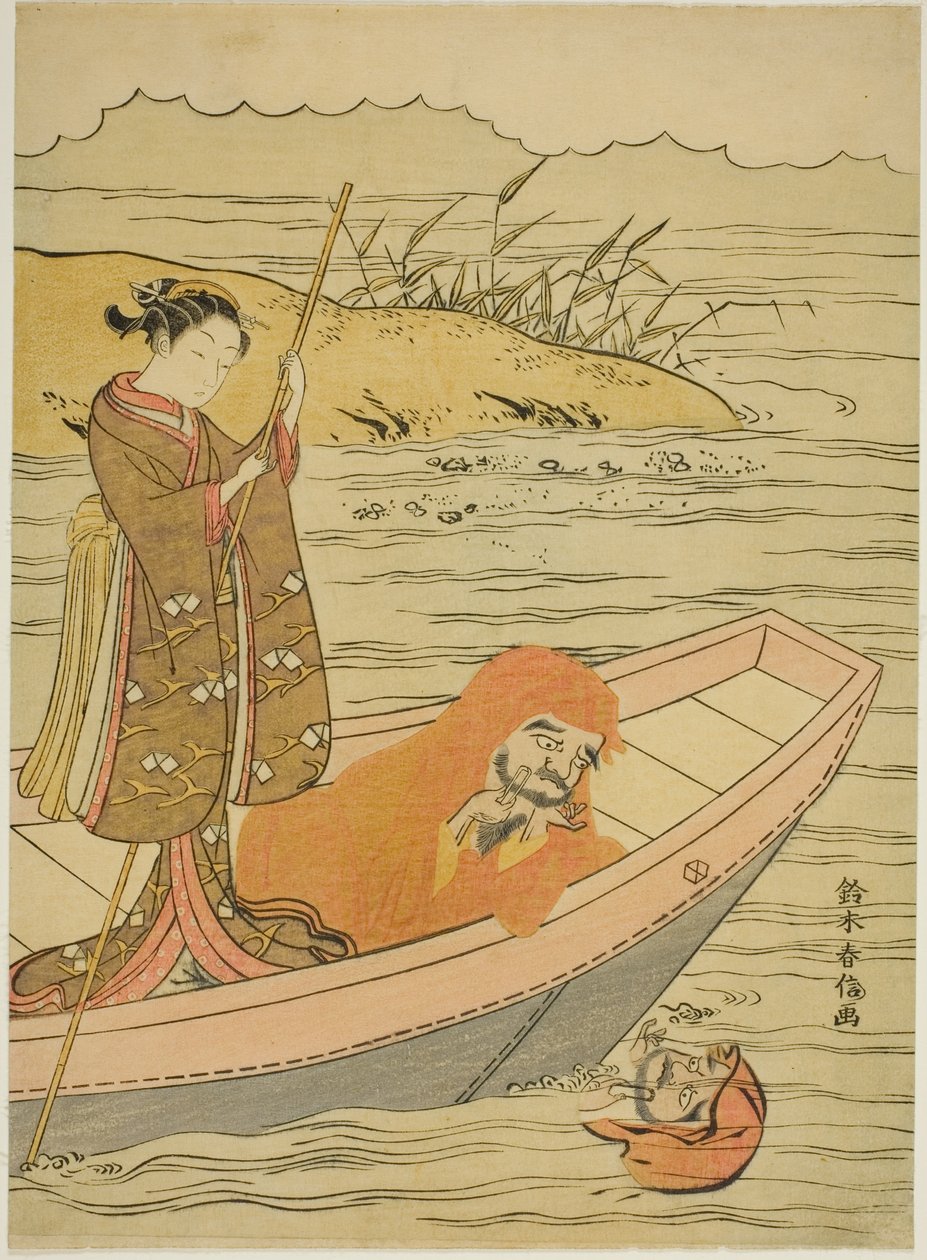 Daruma yansımasına bakıyor by Suzuki Harunobu