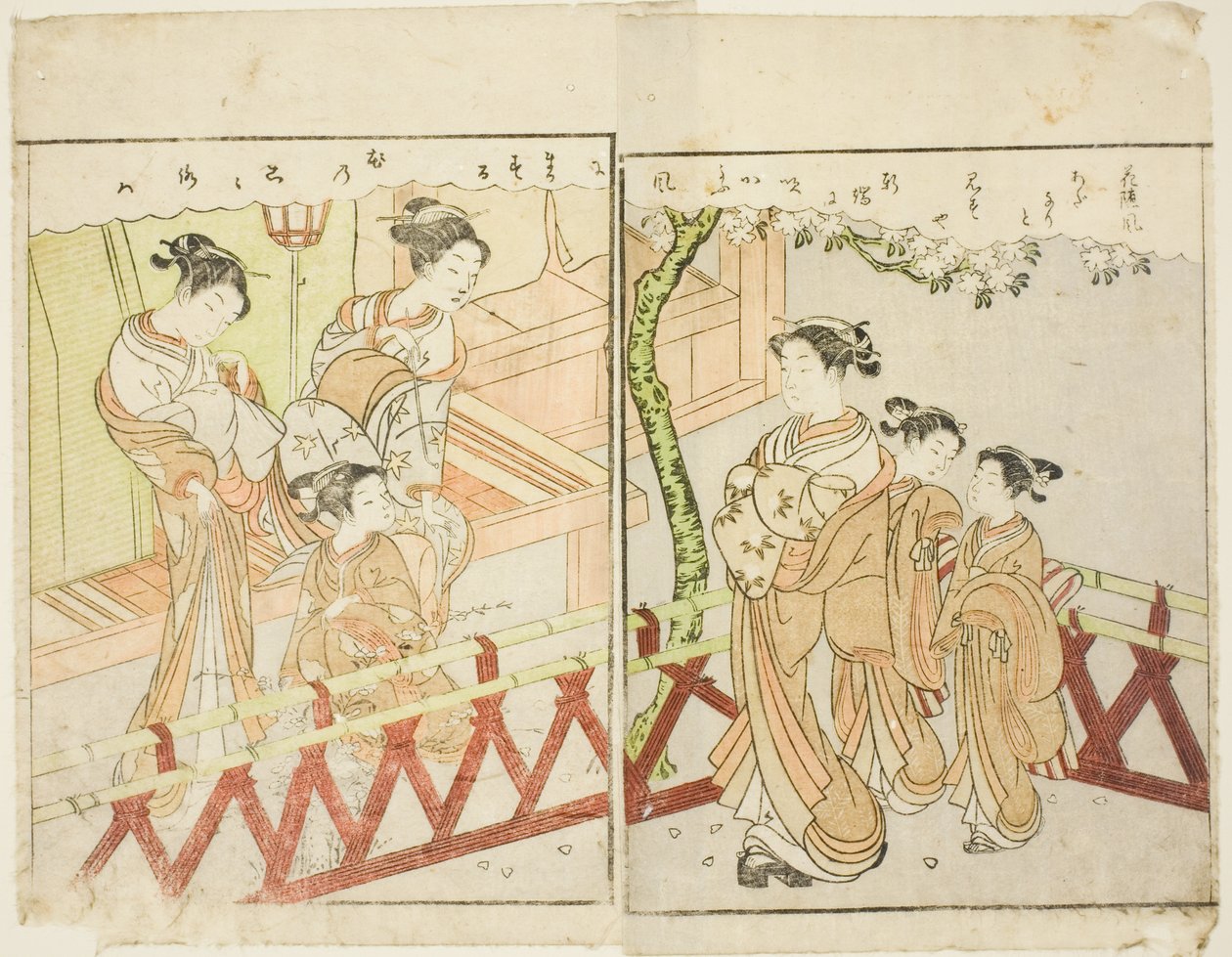 Ciltten Çift Sayfalık Çizim. 2 "Bahar Brokarları Resimli Kitabı (Ehon haru no nishiki)" by Suzuki Harunobu
