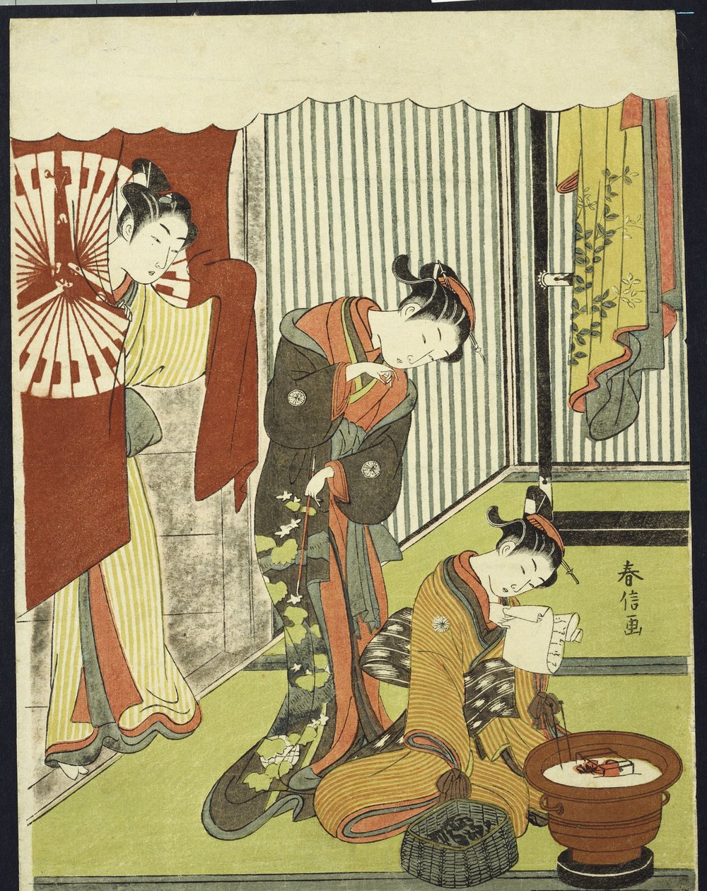 Bir iç mekanda figürler, bir aşk mektubu okuyan şinzosuna bakan bir fahişe by Suzuki Harunobu