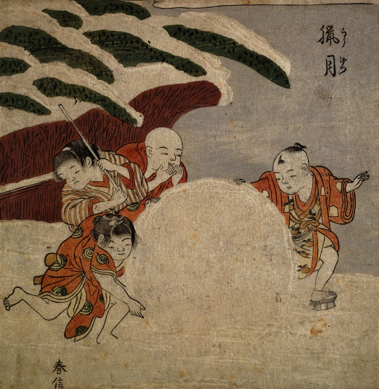 Dört çocuk kartopu yapıyor, c.1768 (renkli tahta baskı) by Suzuki Harunobu