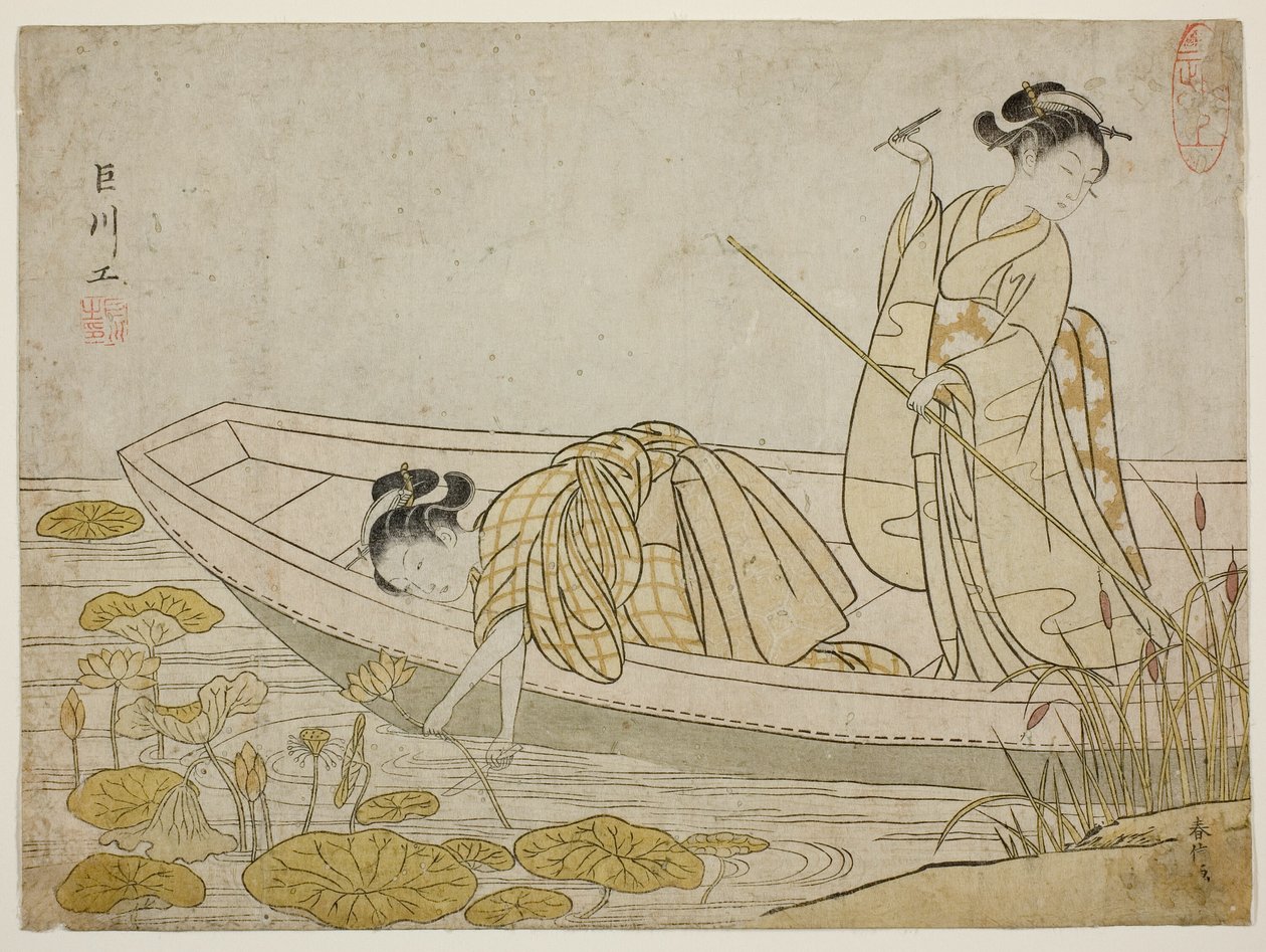 Lotus Çiçekleri Toplama by Suzuki Harunobu