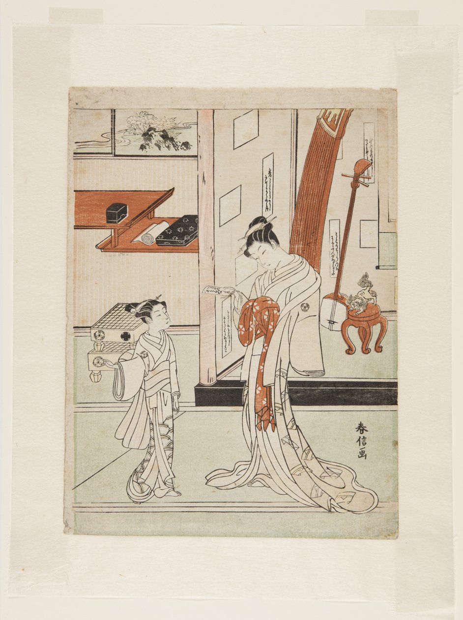 Geyşa ve Görevlisi (renkli tahta baskı) by Suzuki Harunobu