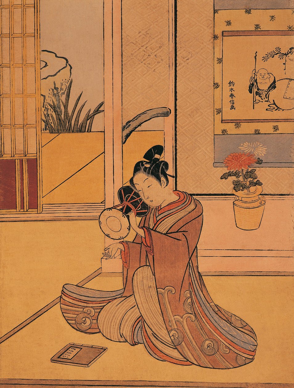 İtalya, Cenova, Suzuki Harunobu tarafından davul çalan genç adam (yaklaşık 1725-1770), gravür by Suzuki Harunobu