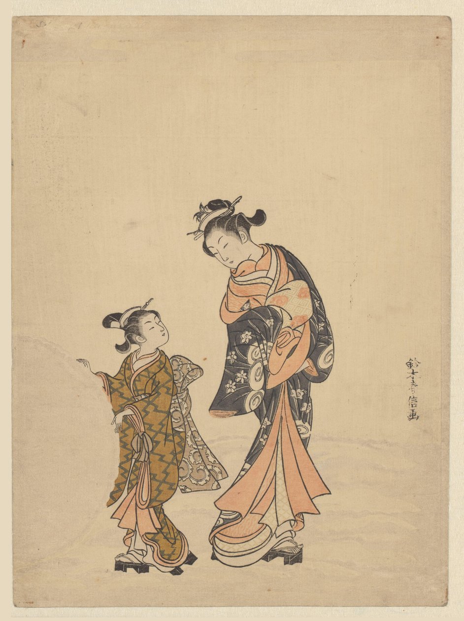 Genç kadın ve kız kartopu by Suzuki Harunobu