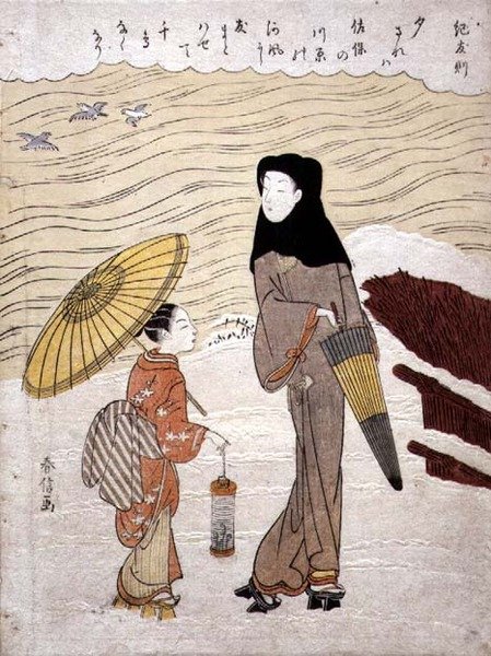 Nehir Kenarında Yürüyen Leydi ve Hizmetçi, c.1767 (göz kırpma kabartmalı tahta baskı) by Suzuki Harunobu
