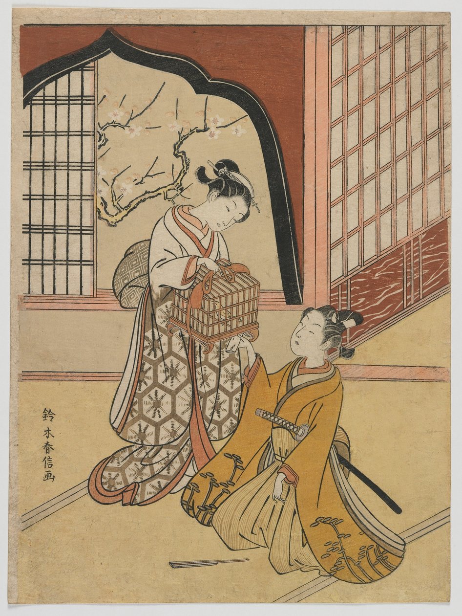 Kuş Kafesi Olan Aşıklar, Edo dönemi, c.1766-67 (renkli tahta baskı) by Suzuki Harunobu