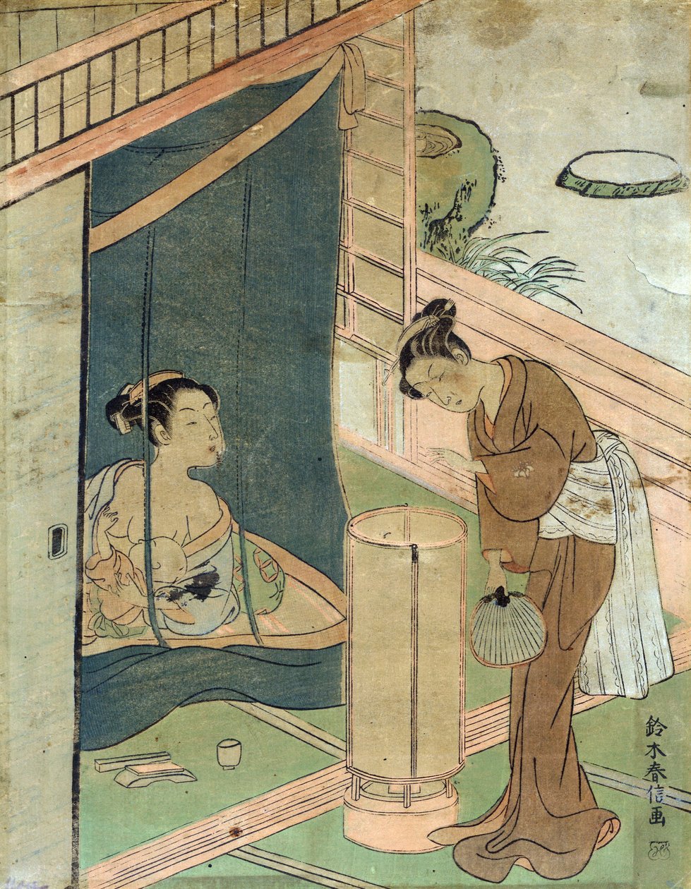 Ukiyo-e tarzında ahşap baskı sanatçısı Japon tasarımcı Harunobu Suzuki tarafından cibinliğin arkasındaki anne ve çocuk. by Suzuki Harunobu