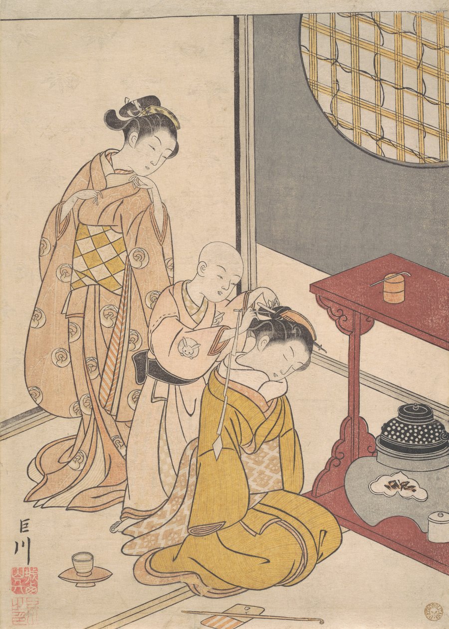 Çift Raflı Standda Gece Yağmuru, c.1766 (tahta baskı) by Suzuki Harunobu