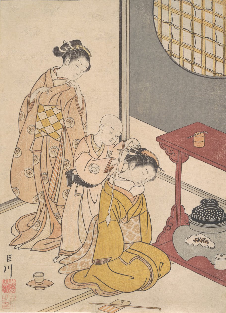 Çift Raflı Standda Gece Yağmuru, Eight Salon Views serisinden Zashiki hakk..., yakl. 1766. by Suzuki Harunobu