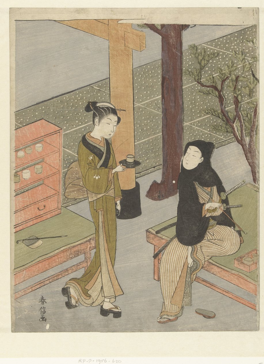 Osen, Kasamori türbesindeki çay standından bir müşteriye çay servisi yapmaktadır. by Suzuki Harunobu