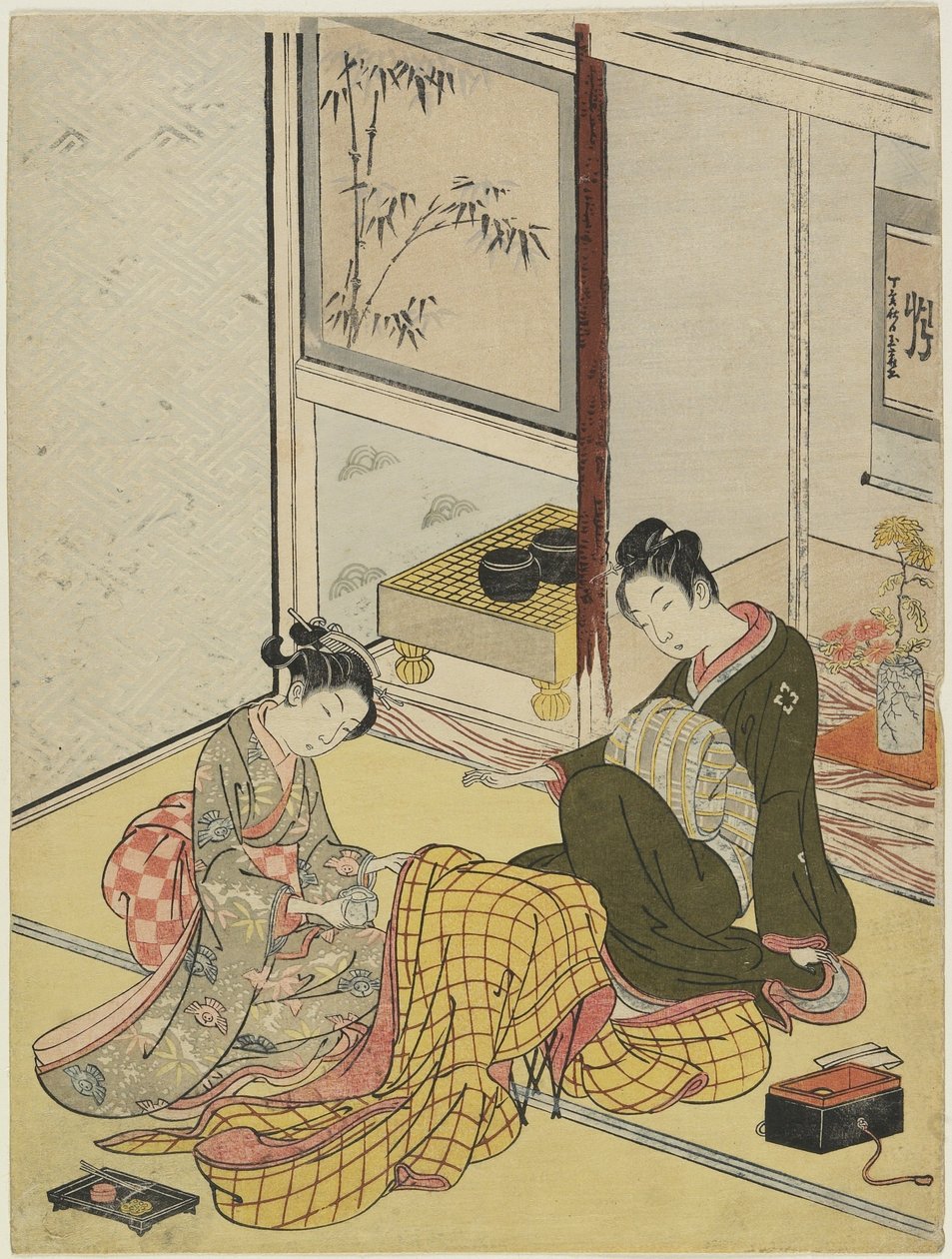 Dört Zarif Eğlencenin Mitatı Olarak Bir Cüppe Parfümlemek, 1767 Sonbaharı (renkli tahta baskı) by Suzuki Harunobu
