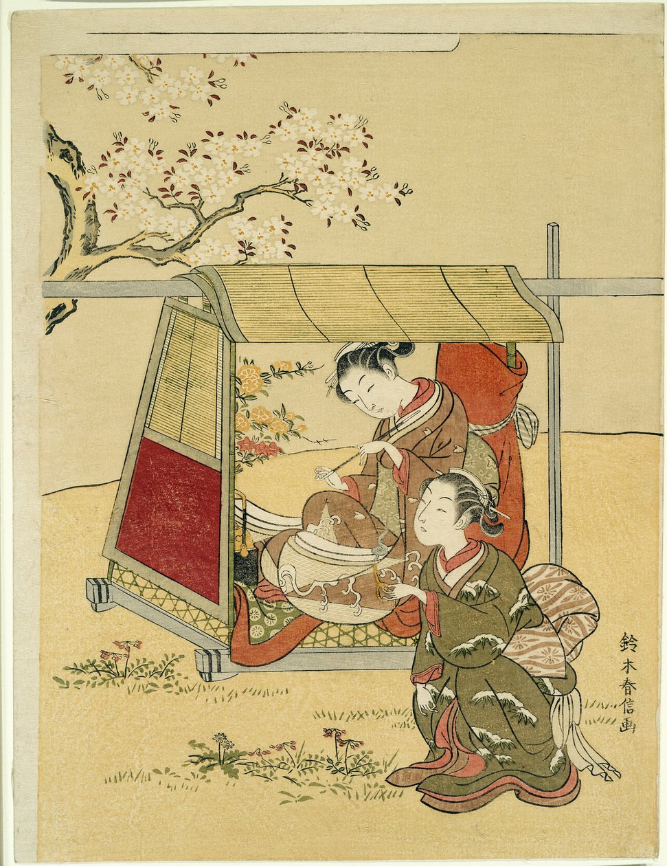 Vişne Çiçeklerinin Altında Tahtıralı Dinlenme by Suzuki Harunobu