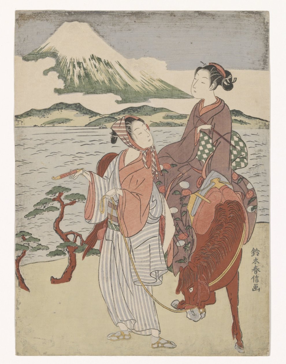 At sırtında sigara içen erkek ve kadın by Suzuki Harunobu