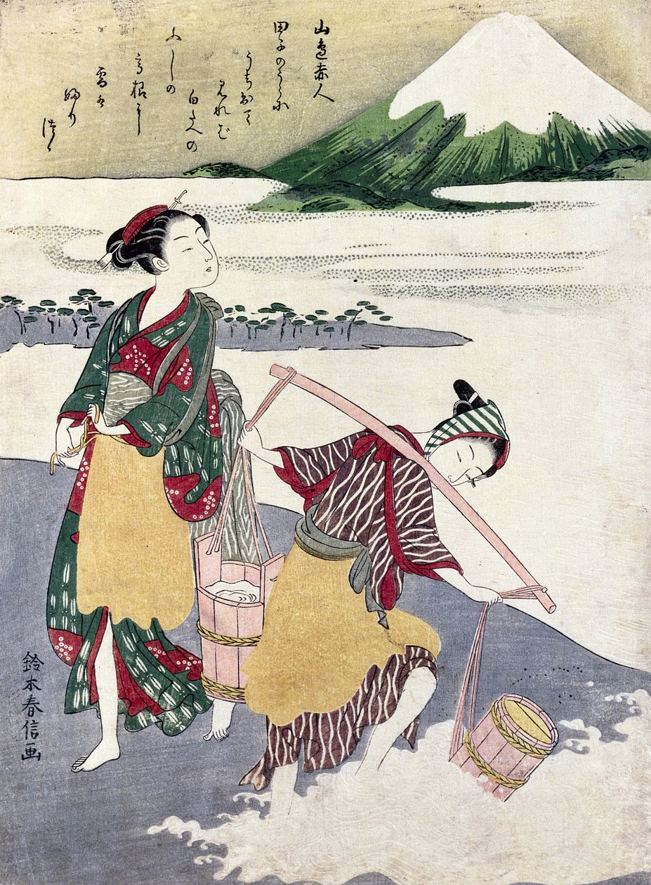 Salt Maidens on the Tago-no-ura Beach with Mt. Fuji Behind (colour woodblock print) by Suzuki Harunobu