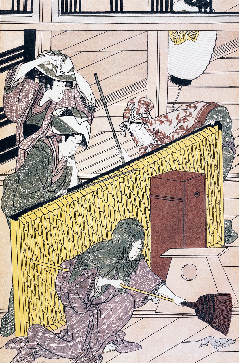 Evde fareleri kovalayan hizmetçi, Suzuki Harunobu (1725-1770) tarafından ukiyo-e sanat baskısı, gravür, Japon uygarlığı, Edo dönemi by Suzuki Harunobu
