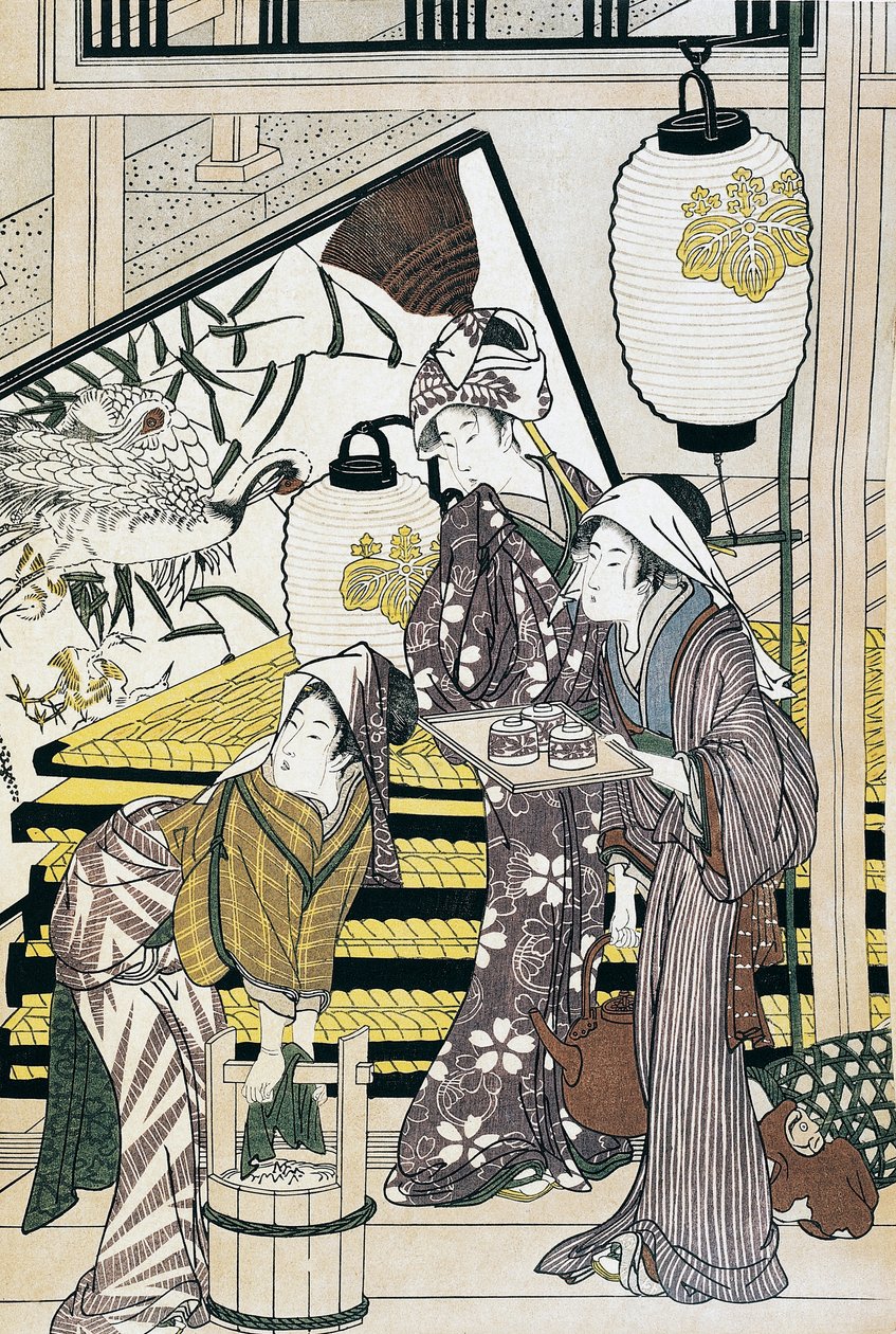 Evde çalışan hizmetçiler, Suzuki Harunobu (1725-1770) tarafından ukiyo-e sanat baskısı, gravür, Japon uygarlığı, Edo dönemi by Suzuki Harunobu
