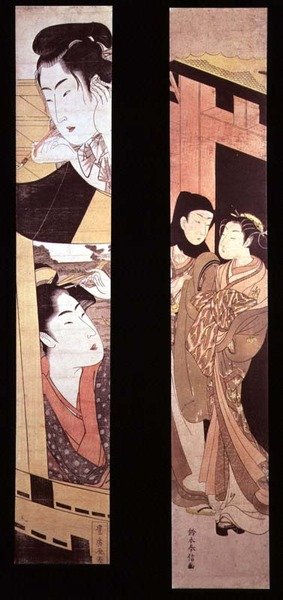 Atama: Bir Kapıda İki Aşık, c.1768 (renkli tahta baskı) by Suzuki Harunobu