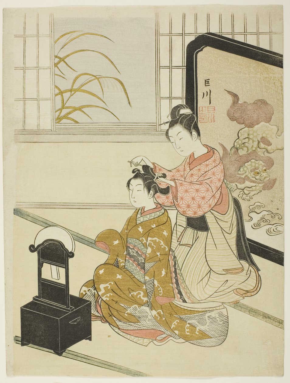 Aynadaki Sonbahar Ayı (Kyodai no shugetsu), "Salondan Sekiz Görünüm (Zashiki hakkei)" serisinden by Suzuki Harunobu