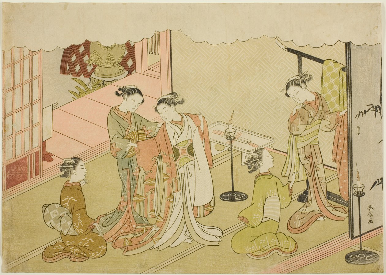 Kıyafet Değiştiren Gelin (Iro-naoshi), "Brokar Baskılarda Evlilik, Erdemli Kadının Arabası (Konrei nishiki misao-guruma)" serisinin beşinci sayfası by Suzuki Harunobu