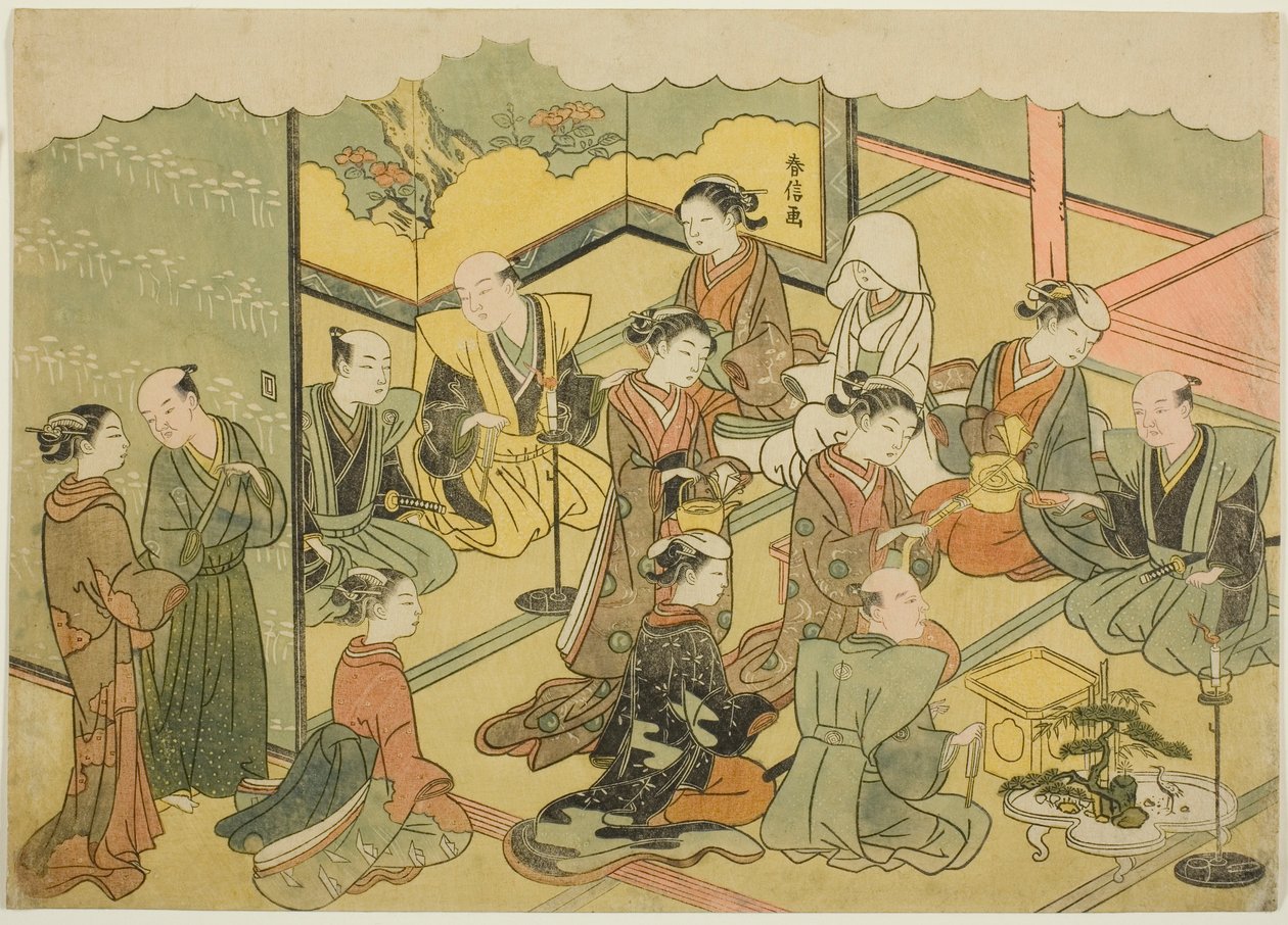 Tören Aşkına (Konrei sakazuki), "Brocade Baskılarda Evlilik, Erdemli Kadının Arabası (Konrei nishiki misao-guruma)" serisinin dördüncü sayfası by Suzuki Harunobu