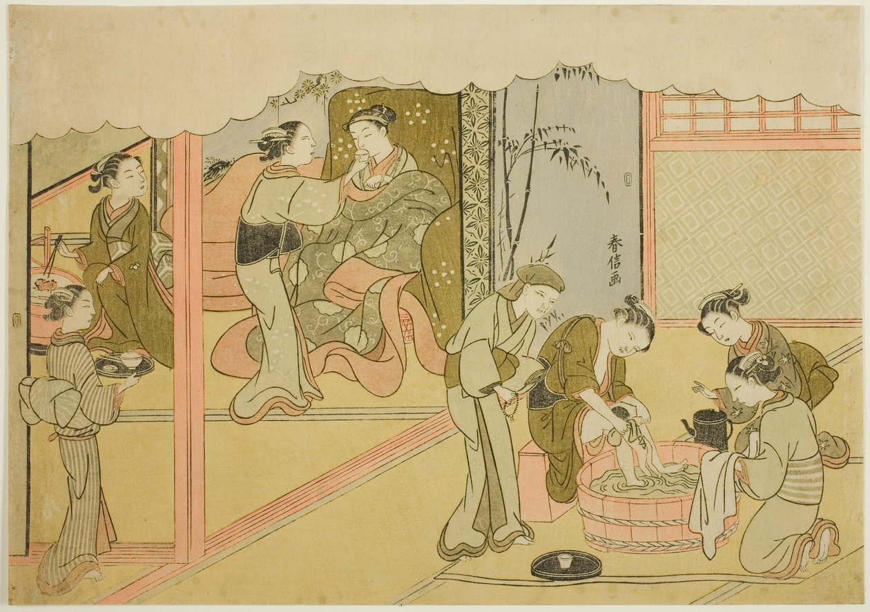 İlk Doğum (Uizan), "Brocade Baskılarda Evlilik, Erdemli Kadının Arabası (Konrei nishiki misao-guruma)" serisinin yedinci sayfası by Suzuki Harunobu