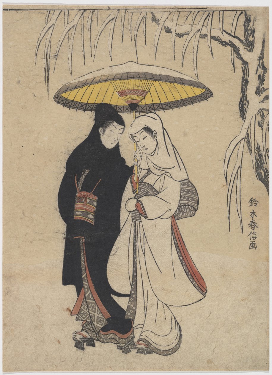 Doğu Sanatları : Kar Fırtınasında Bir Şemsiye Altında Birlikte Yürüyen Genç Aşıklar par Harunobu, Suzuki (1724-1770), yaklaşık 1769. Renkli gravür, 25,7x19,1. Özel koleksiyon by Suzuki Harunobu
