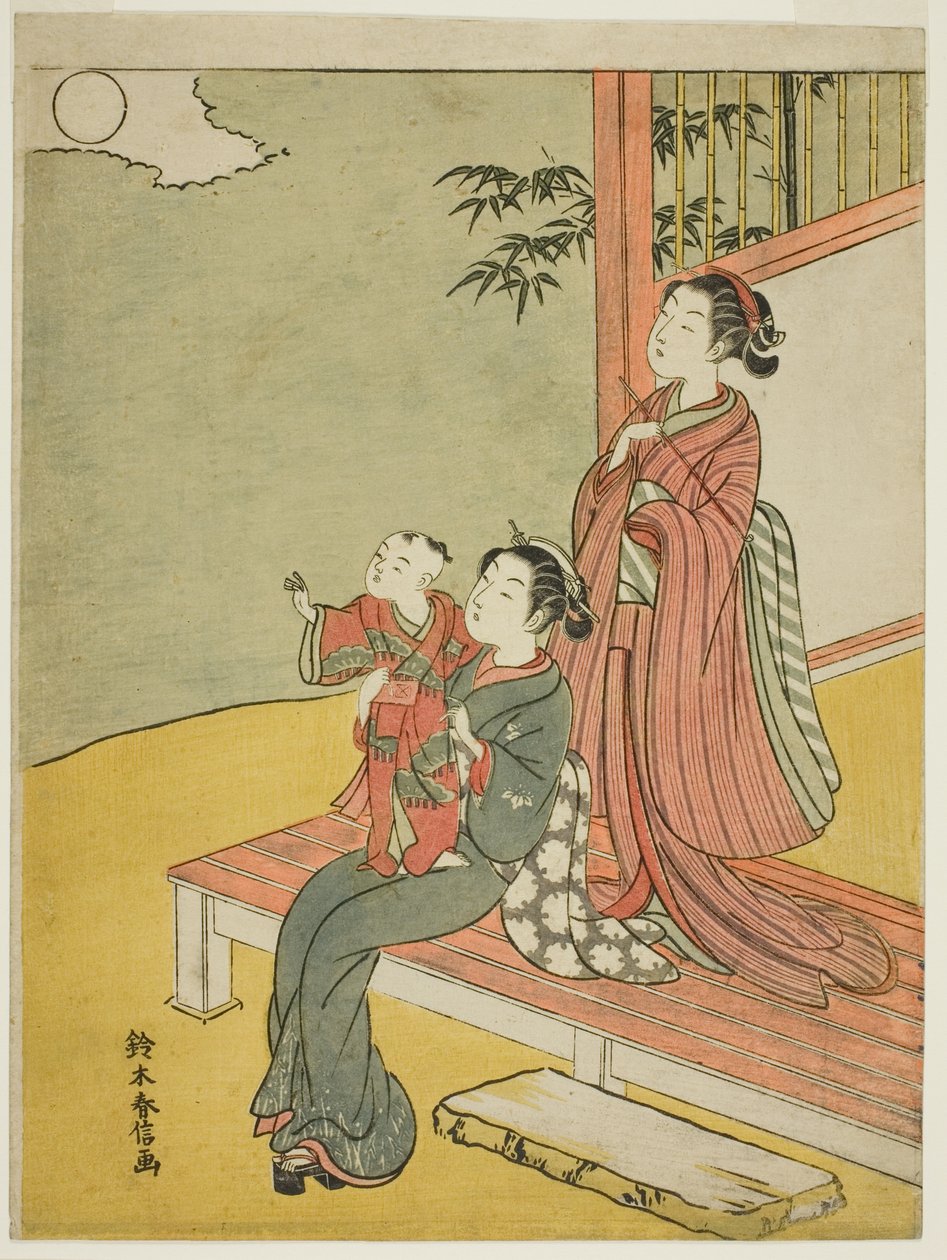 Dolunayı İzleyen İki Kadın ve Bir Çocuk by Suzuki Harunobu