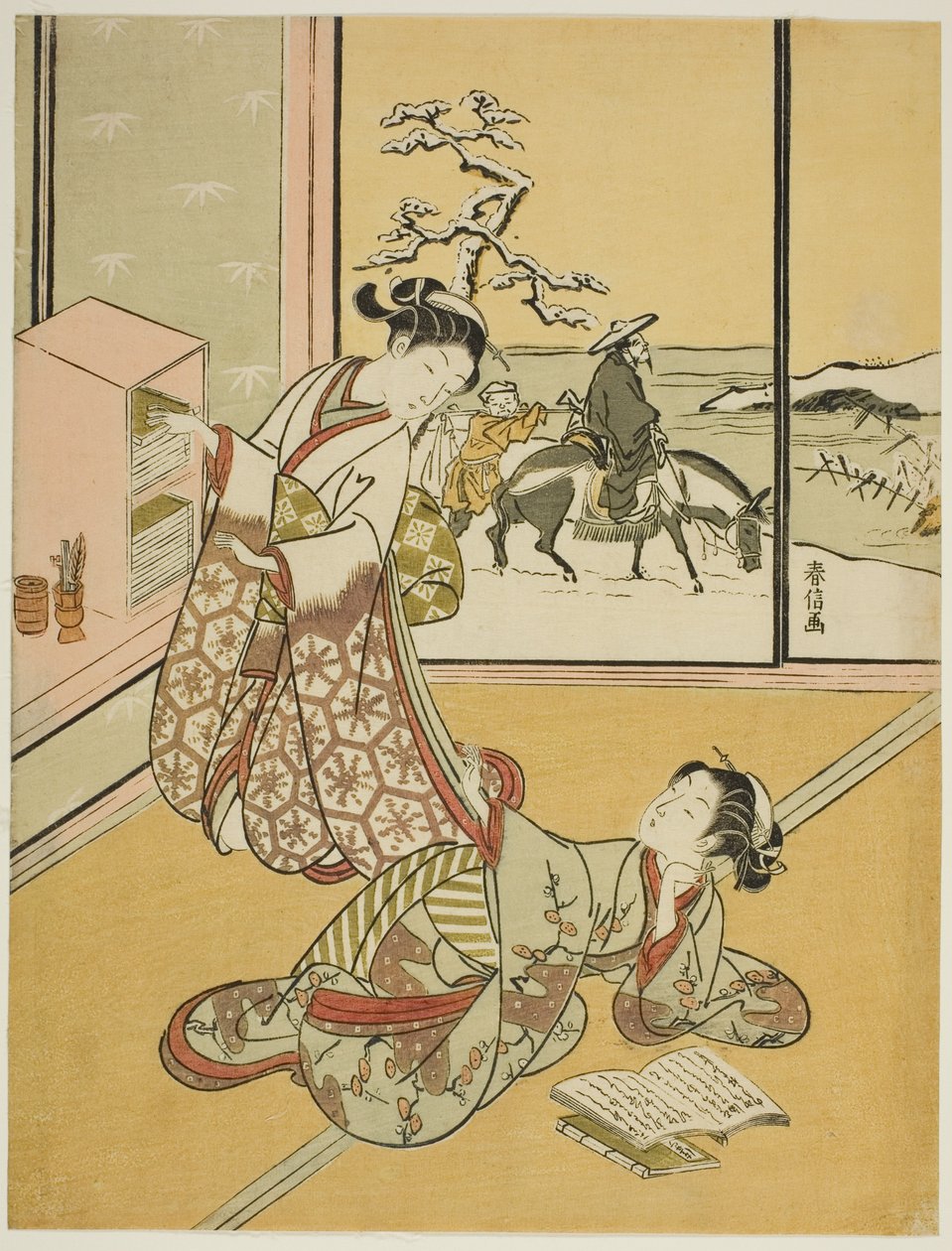 iki genç kadın kitap okuyor by Suzuki Harunobu