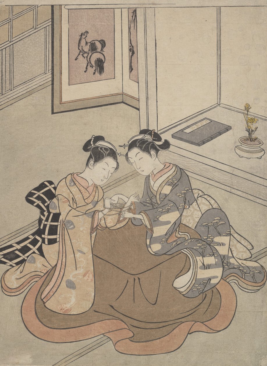 Kotatsu Oynayan Kedi Beşiğinin Yanında Oturan İki Genç Kadın, yaklaşık. 1765., yaklaşık 1765. by Suzuki Harunobu