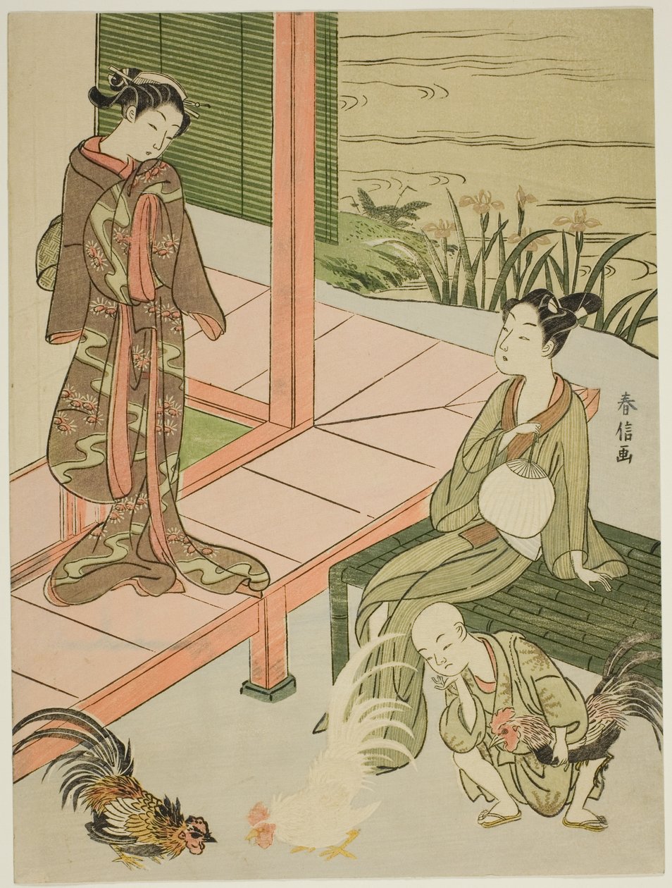 Verandanın Kenarında Horoz Dövüşü İzlemek by Suzuki Harunobu