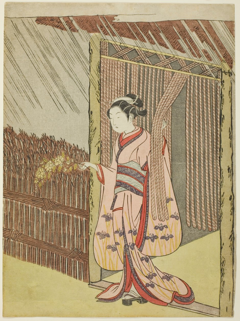 Yağmurda Kerria Çiçeklerinin Dalını Tutan Kadın (Ota Dokan'ın parodisi) by Suzuki Harunobu