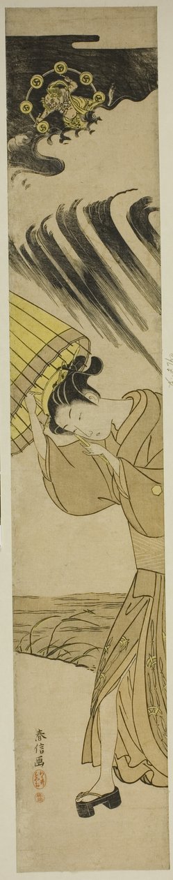 Gök Gürültüsü Yaklaşırken Şemsiye Açan Kadın by Suzuki Harunobu