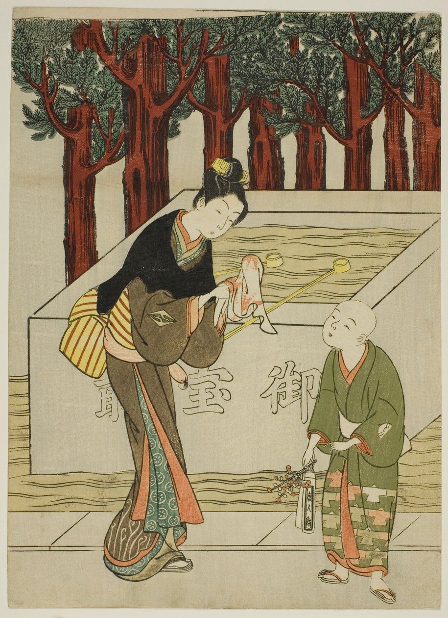 Bir Tapınağa Girmeden Önce Ellerini Yıkanan Kadın by Suzuki Harunobu