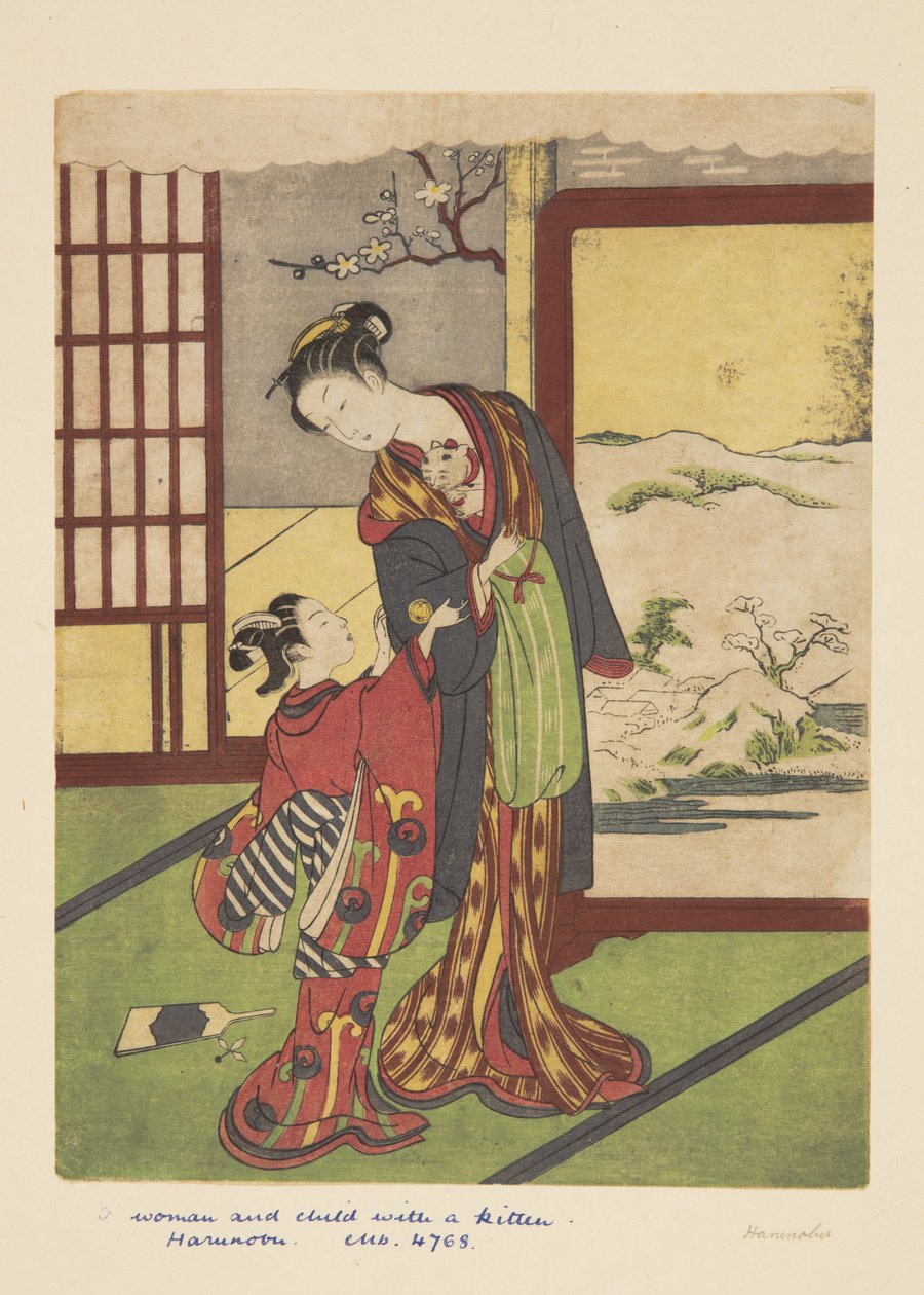 Kedili Kadın ve Çocuk (renkli tahta baskı) by Suzuki Harunobu