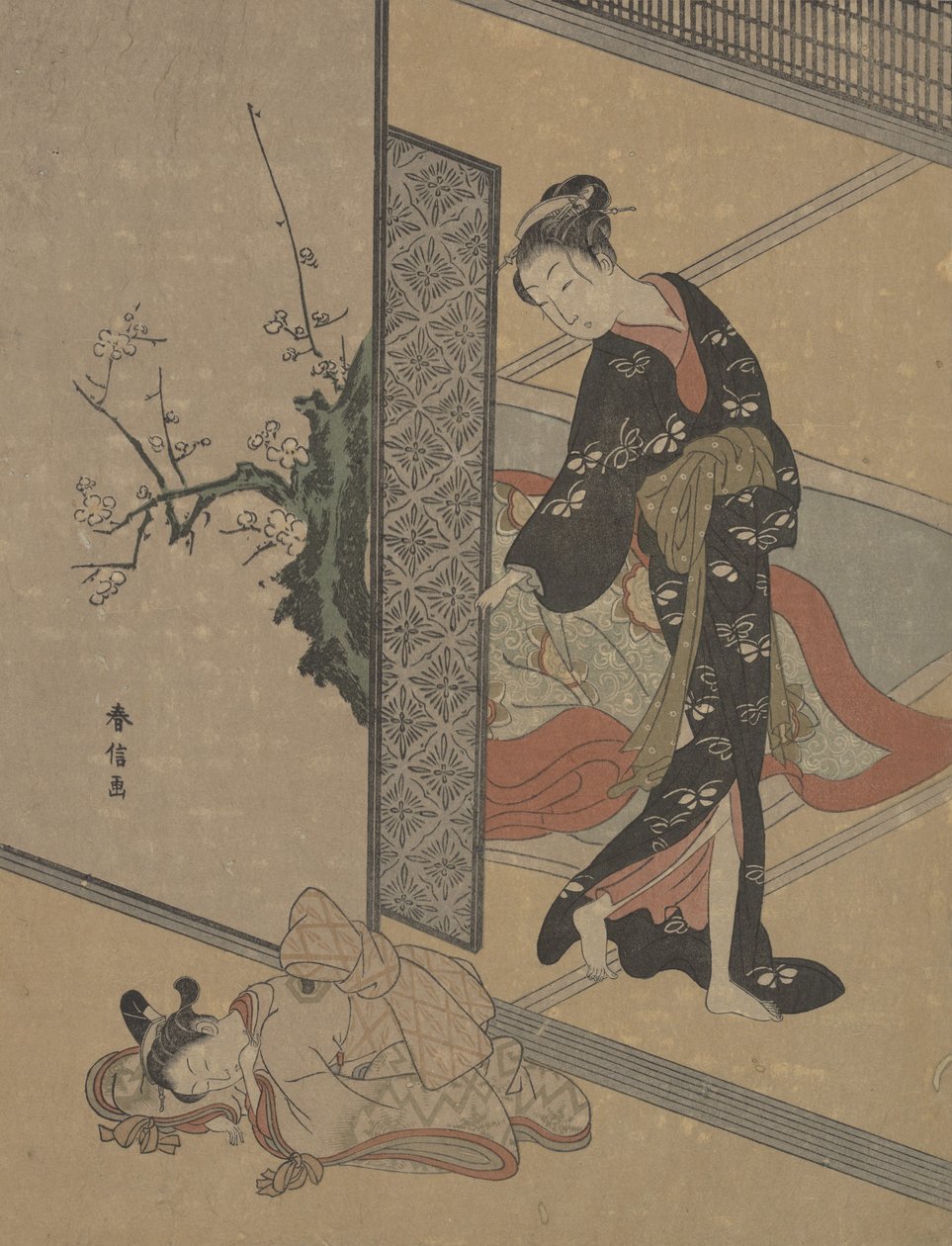 Genç Bayan Kapıdan Yerde Uyuyan Kamuro Küçük Hizmetçisine Bakıyor. by Suzuki Harunobu