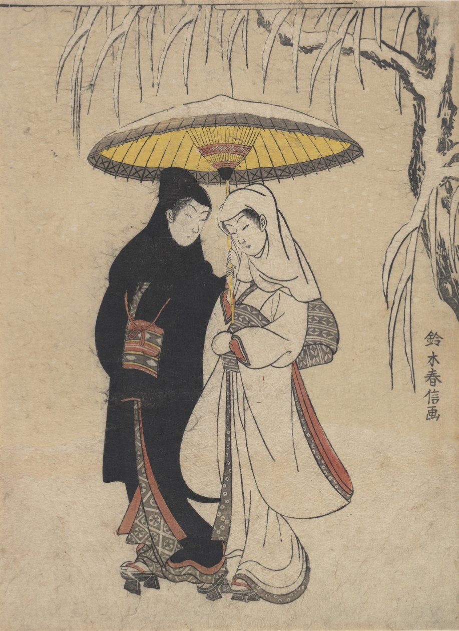 Kar Fırtınasında Bir Şemsiye Altında Birlikte Yürüyen Genç Aşıklar Karga ve Balıkçıl, ca. ..., CA. 1769. by Suzuki Harunobu