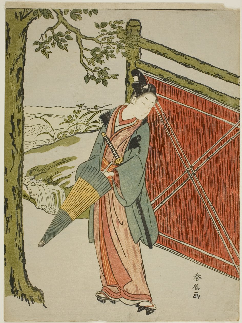 Çitin Yanında Şemsiye Tutan Genç Adam by Suzuki Harunobu