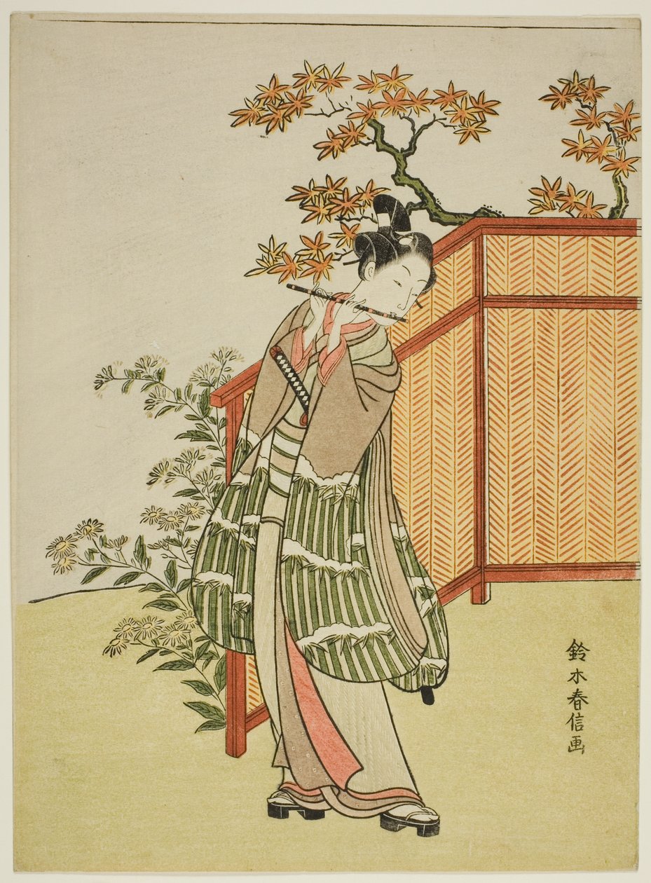Çitin Yanında Flüt Çalan Genç Adam by Suzuki Harunobu