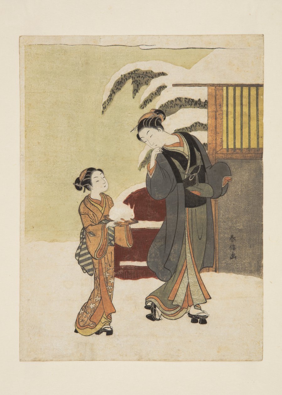 Kar Tavşanına Hayran Olan Genç Kadın (renkli tahta baskı) by Suzuki Harunobu