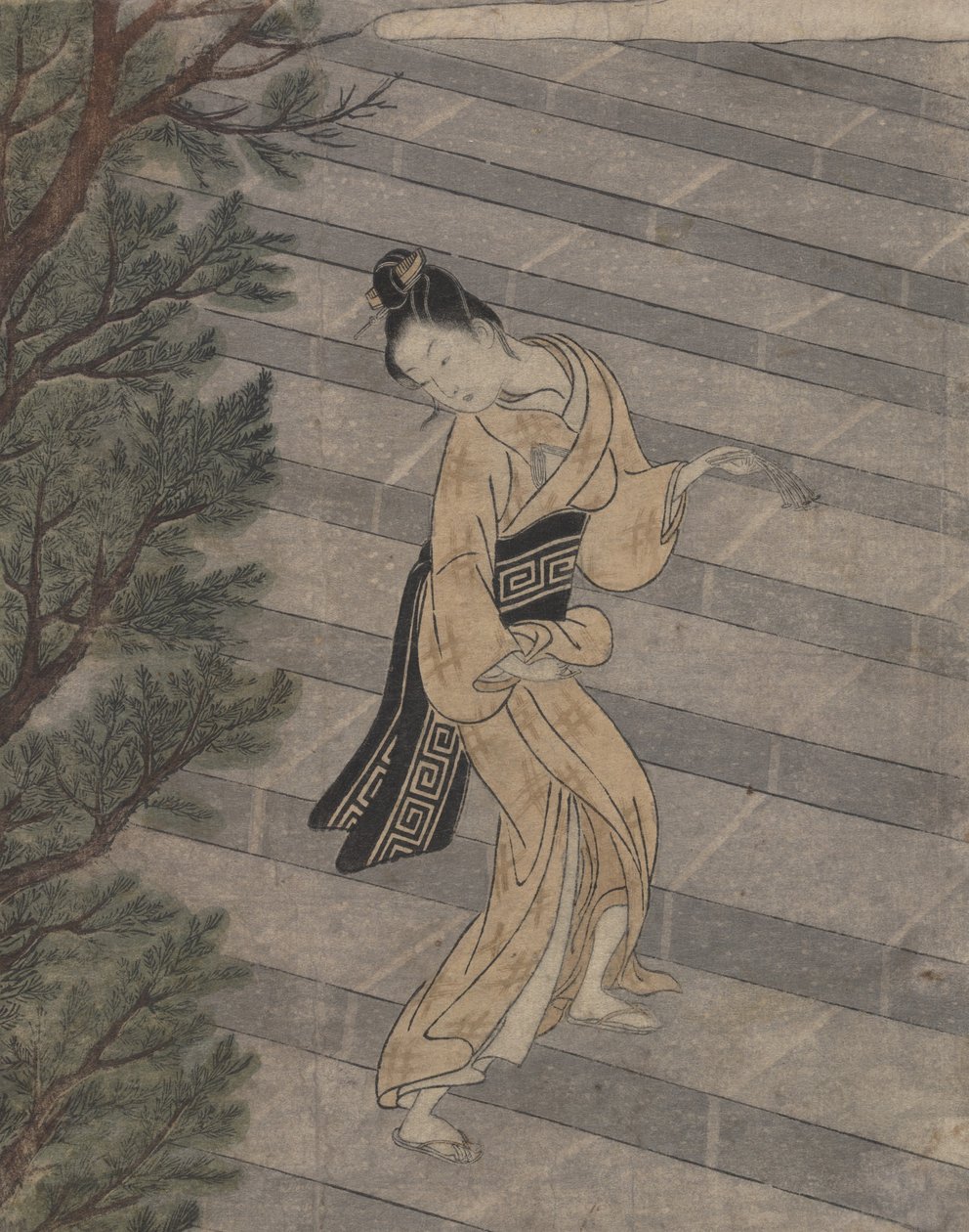 Şinto Tapınağına Taş Merdivenleri Tırmanan Genç Kadın (tahta baskı) by Suzuki Harunobu