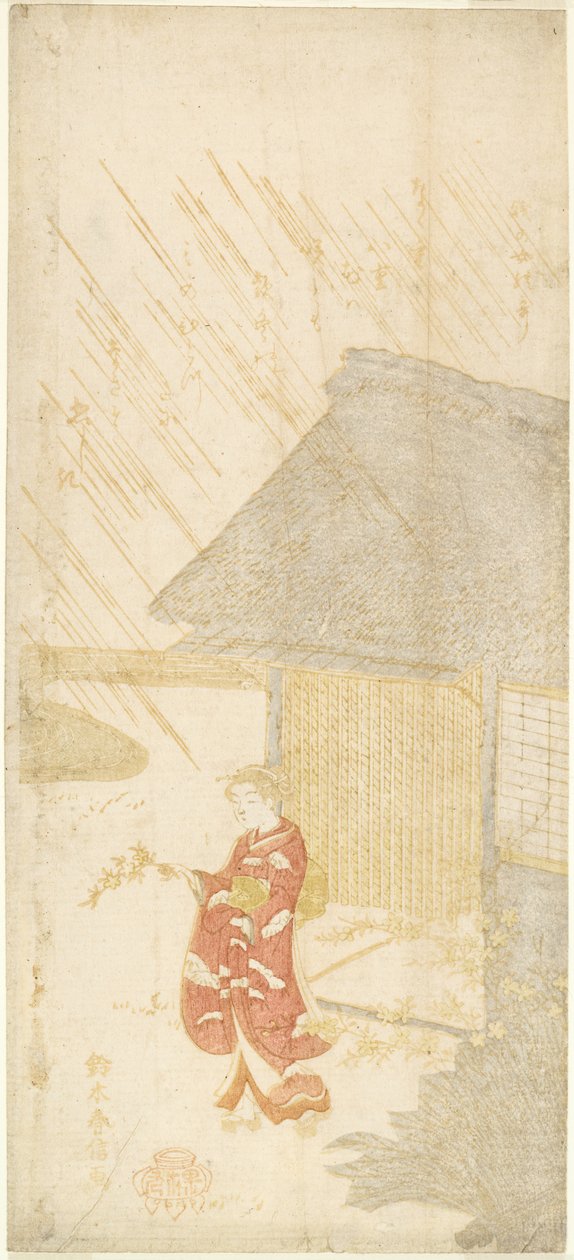 Kerria dalı tutan genç kadın by Suzuki Harunobu