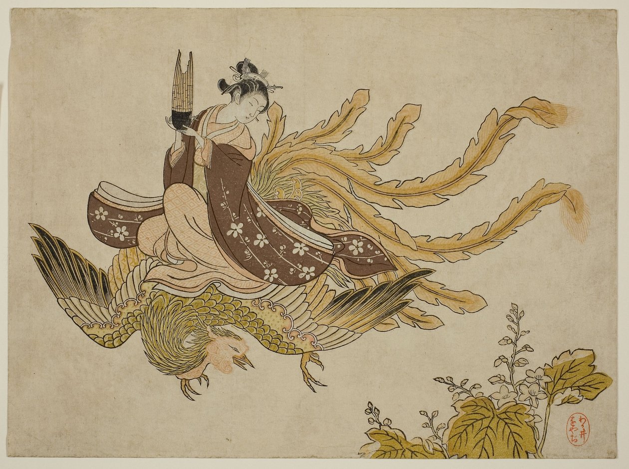 Anka kuşuna binen genç kadın by Suzuki Harunobu